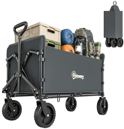 Outsunny 180L Festival Trolley on Wheels, Folding Compact Camping Trolley Cart with Adjustable Handle, 120 KG Capacity for Garden, Beach, Fishing, Grey