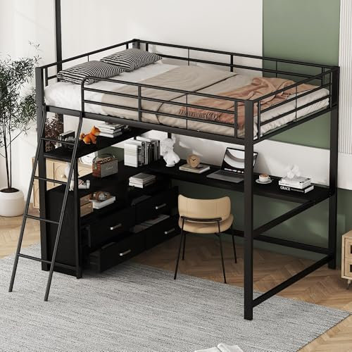HAINEW Hochbett Kinderbett 140×200cm mit L-Form Schreibtisch und Schubladen, Metallbett Eisenbett Funktionsbett mit Lagerregal, Lattenrost und Rausfallschutz für Junge oder Mädchen (Schwarz)