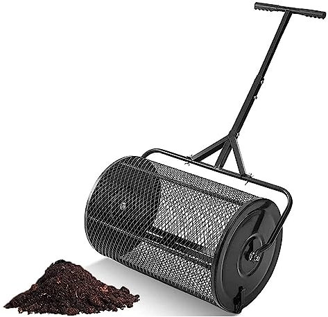 QLSABIA 24 in Compost Spreader, spandiconcime a rulli per Torba, spandiconcime in Rete Metallica Leggera con Maniglia Regolabile a Forma di T, Perfetto per spargere Torba, fertilizzanti e Semi, Nero