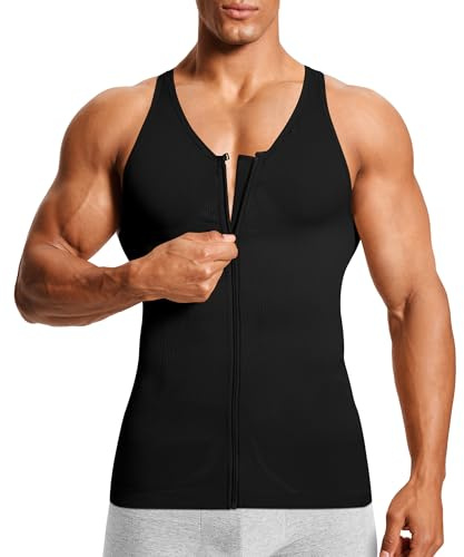 MOLUTAN Kompressionsshirt für Herren, Shapewear, Tank-Top, Unterhemd, figurformend, Bauchkontrolle, Weste, Gynäkomastie mit Reißverschluss, Schwarz, Medium-Large