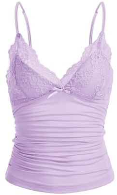 GORGLITTER Top da donna Y2k Camisole con spalline sottili, scollo a V, con pizzo a contrasto, Lilla, XS