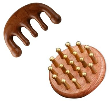Wooden Scalp Massager & Hair Scrubber - Manual Head Massager with Sandalwood for Scalp Care, Portable Handheld Hair Growth Tool, Comfier Scalp Relaxation Brush for Stress Relief & Spa (Two-Piece Set)