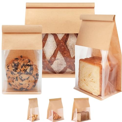 MORAINJAY 30P Bolsas Panadería Kraft con Ventana,Marrón Bolsas para Pan Casero Antigrasas,16 * 26+13cm,Ideales para Panaderías y Repostería Hogareña