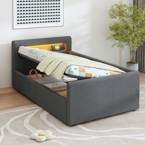 Dolamaní Modern Jugendbett 90x200 cm Polsterbett, Bett mit Lattenrost & Stauraum, Polster Kopfteil mit LED Nachtlicht & USB-Ladeanschluss, Samtstoff, Kinderbett für Jungen & Mädchen (Dunkelgrau)