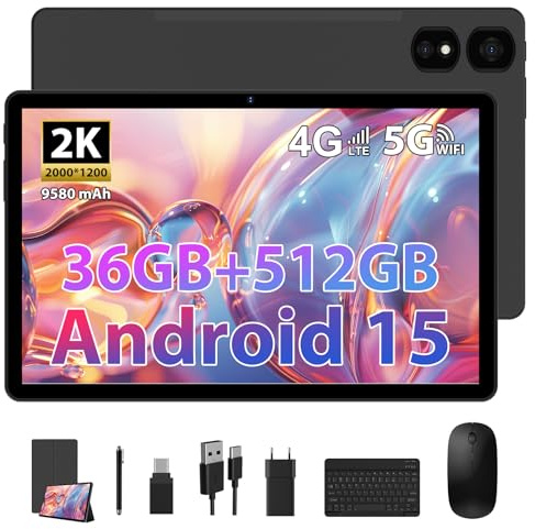 TIGERFU Tablet 11 Pulgadas, 2K Tablet con Teclado y Raton, 36GB RAM + 512GB ROM + TF 2TB, Admite Dos Tarjetas SIM+5G/2.4G WiFi, Octa-Core 2.0 GHz, 8MP+13MP, 9580mAh, BT5.0, 2000 x 1200 Pixels (Negro)