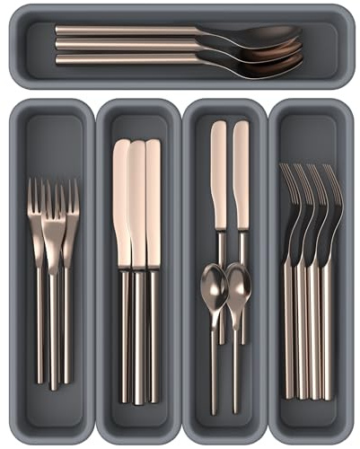 K KORKUAN Organizador Cubiertos para Cajon, DIY Organizador Cubiertos, Silicona Cubertero Cajon, 5 Unidades, Resistente a la Humedad y al Calor Hasta 200 °C, Antideslizante y Ecológico (Gris)