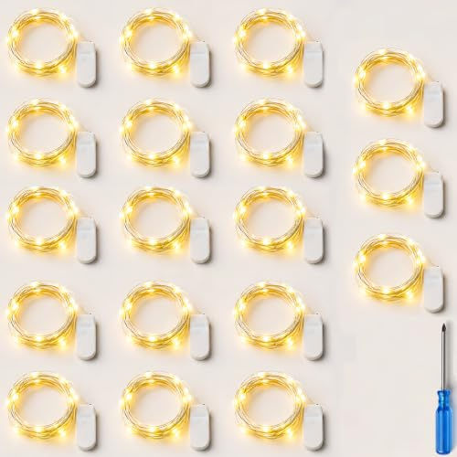 36 Stück mini LED Lichterkette Batterie 2 m 20 LEDs mit CR2032, Warmweiß | Kupferdraht Lichterketten Innen Silberdraht für DIY Vasen Geschenke Weihnachten Hochzeit Deko