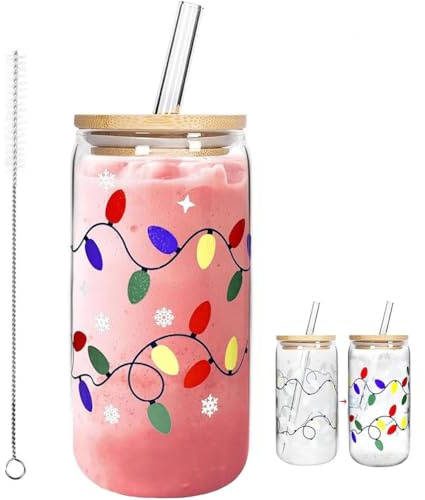 Keeplus Color Changing Christmas Cup, Christmas Color Changing Glass Cup, 500ML Cute Glass Cups with Lids and Straws, Iced Coffee Cup with Colors Changings, Xmas Lights Iced Glass Cups for Party (A)