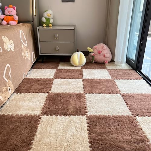 Xiyocadt 10 Stück Puzzleteppich Flauschig, 30x30 cm Puzzle Teppich Matte, Anti-Rutsch Schaumstoff-Bodenmatten für Schlafzimmer, Wohnzimmer (Apricot+Kaffee,30x30x1 cm)