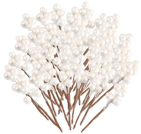 60 piezas de simulación de tallos de bayas blancas de 3, 9 pulgadas, tallos de bayas de acebo, corona de Navidad flexible, púas blancas para decoración de relleno de florero de árbol de Navidad