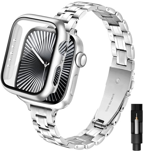 Aniaboho Damen Schlankes Metallarmband Kompatibel mit Apple Watch 40mm 41mm 42mm(Series 11/10) 44mm 45mm 46mm mit Schutzhülle, Slim Band, Band und Hülle für iWatch SE 3 2 1, Series 11 10 9 8 7 6 5 4