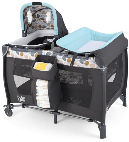 GOPLUS 5-i-1 babysäng, sidosäng baby med skötdyna, bromshjul och resväska, musikbox med vibrationsfunktion, 2 hängande leksaker, bärbar resesäng med transportväska (blå)