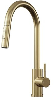 Flode Pull Out Kitchen Sink Mixer Tap – Brushed Brass Modern Single Lever Mono Mixer with Pull-Out Spray High Pressure Deck Mounted Kitchen Tap