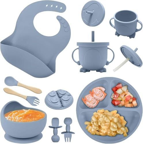 ABCORPHIC Bestickset i silikon, 8 stycken barnmatvaror (babytallrikar med sugkopp, sked, gaffel, skål, haklapp, dryckeskoppar), BPA-fri, diskmaskiner och mikrovågsugnar blå