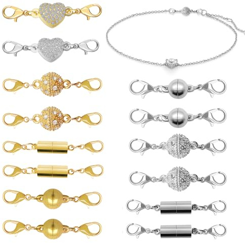 14 Pcs Magnetic Necklace Clasps, Assorted Gold and Silver Tone Lobster Clasp Extenders, Magnetic Clasps for Jewellery Making, Bracelet Fasteners for Women