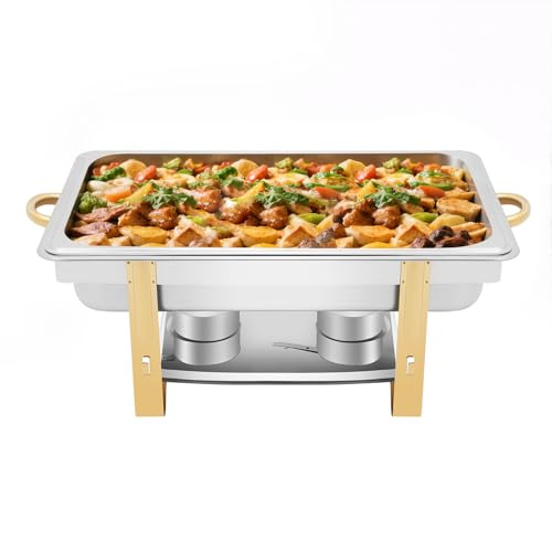 Chafing Dish matvärmare 9 l, värmebehållare buffé med lock och bränslehållare matvärmare, rostfritt stål chafing dish, matvärmare rechaud för catering buffé och fest (guld)