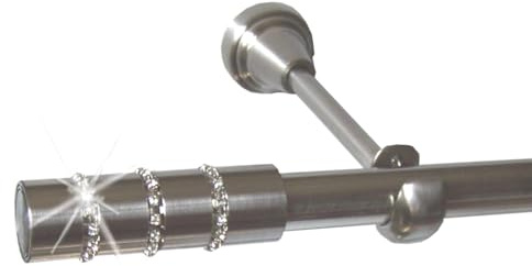 BASIT Gardinenstange Edelstahllook 19mm 1-läufig Wand Decke 400cm lang H18 | Gardinenstangenset einläufig Wandmontage & Deckenmontage Metall Vorhangstange 120-600cm wählbar Kappe mit Kristall E67