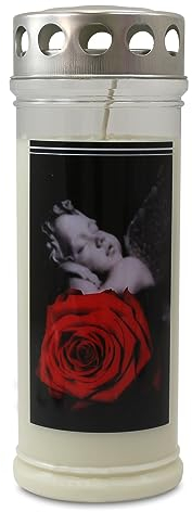 JEKA Kerzen GmbH 12er Set Gedenkkerzen Grablichter Rose/Engel ca. 75 x 210 mm, Extralange Brenndauer, Dauerbrenner 150-160 h, Grabkerze, Grableuchte, Grablaterne, Grabschmuck, Trauerlicht