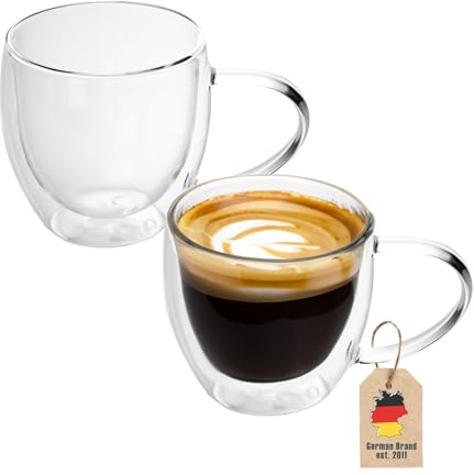 INTIRILIFE 2X Doppelwandige Thermo Gläser Set -200-250ml- Mundgeblasen isoliert für Espresso Cappuccino, Teegläser Kaffeegläser Latte Macchiato Tassen, Schwebeeffekt mit Henkel