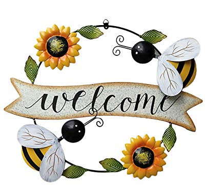 NIUXICH Cartello di benvenuto in ferro da appendere, con girasole, ape, segno di benvenuto, decorazione da parete, per porta d'ingresso, per interni ed esterni, casa e giardino