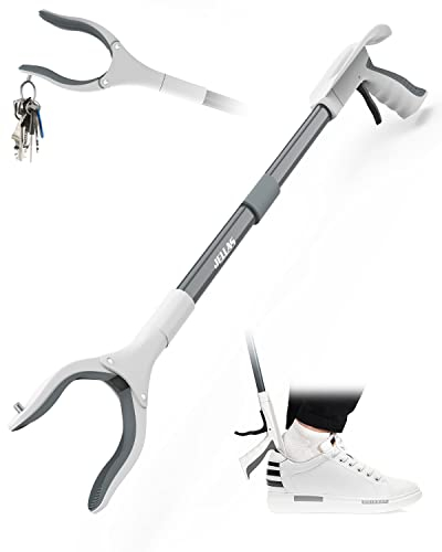 Jellas Pinza Larga, 80cm Alcance Objetos Mango Ligero de Aluminio y Puntas Magnéticas, Cabezal Plegable Giratorio de 360 ° para Recoger Basura, Blanco Gris