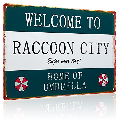 Metall-Blechschild Persönlichkeit Retro Resident Welcome to Raccoon City, Regenschirmschild Zuhause, Material Aluminium, Stil Metall Aluminium Wanddekor-Schild, 30.5x20.3 cm