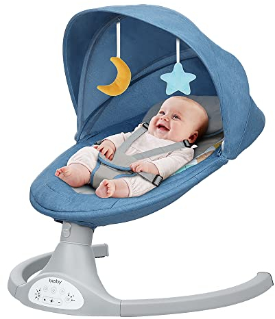 Bioby Sdraietta Neonati, Dondolo Neonati Elettrico con 5 Ampiezza di Dondolio, Telecomando, Bluetooth e Cintura a 5 Punti, Altalena Elettrica per Bambini da 2 a 9 kg, 0 a 10 Mesi (Blu)