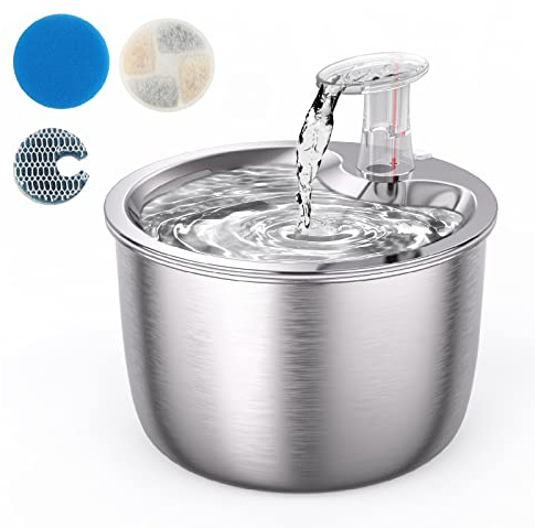 Katzenbrunnen, 2L Edelstahl Infrarotsensor Trinkbrunnen für Katzen und Hunde, Automatisch Ultraleiser Haustier Pet Wasser brunnen 3 Durchflussmodi Fountain mit Wasserstandsboje, Filter,1.9M USB, Pump