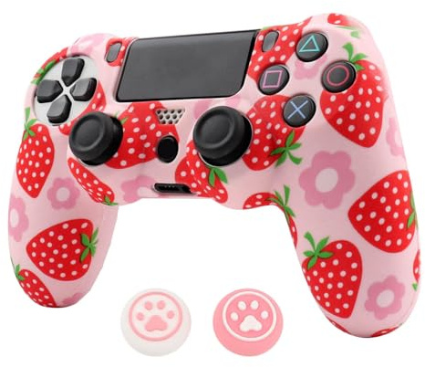 RALAN Rosa Controller Skins für PS4, Obst Silikon Controller Cover Skin Protector kompatibel /PS4 Slim/PS4 Pro Controller mit 2 niedlichen Daumen Griffe Caps