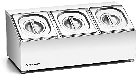Forgast Recipiente para alimentos de acero inoxidable | Estándar 3xGN 1/6 | 3 Contenedores incluidos | para gastronomía y catering | Alta calidad | Pies antideslizantes | Dimensiones 52x27x21,5 cm