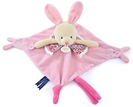 Doudou et Compagnie - Les Petits Futés – Kuscheltier mit Fingerpuppe, Hase, Rosa, 30 cm – Geschenk zur Geburt – DC4054