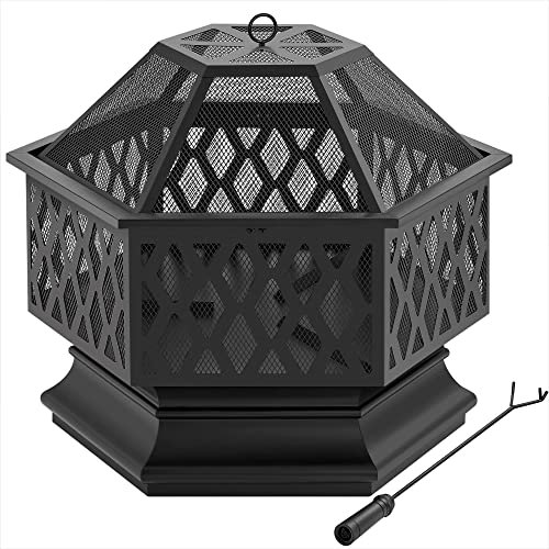 costoffs Fire Pits for Garden Hex-Shaped Fire Bowl Wood Burning Outdoor Fireplace Heavy Duty Metal with Spark Screen, Log Grate, Poker