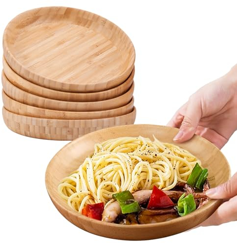 cluzelar Bamboo Plates 7.5Inch Round Bamboo Plates Reusable Dinner Plates Tableware Set of 6 Wooden Plate Lightweight Dishes Snack, Dessert, Unbreakable Classic Plate