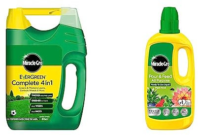 Miracle-Gro 121187 EverGreen Complete 4-in-1 Spreader, Lawn Food, Weed & Moss Control, 80 m2, Yellow & Pour and Feed Liquid Plant Food, 1L