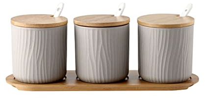 Sucrier de style européen avec couvercle, pot à sucre en céramique, accessoires de café, bec verseur à sucre de couleur unie, rangement de cuisine-pots gris blanc-300 ml ( Color : Grey 3 Set , Size :