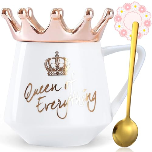 Arawat Queen Of Everything Mugg Med Lock Söt Vit Mugg Med Krona Kaffemugg Present Med Sked Och Underlägg 350 Ml Keramisk Te Mugg Födelsedagspresent Till Kvinnor Flickor Mamma Flickvän