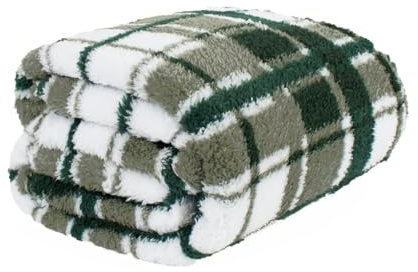 OHS Teddy Fleece Check Throws for Beds, Ultra Soft Warm Fall Blanket Double Bed Thick Comfy Large Sofa Throw Fleece Blanket, Green 125x150cm