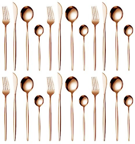 Couverts de Table en Acier Inoxydable, Lot de 24 Ensemble d'ustensiles Avec Couteau à Steak, Fourchette et Cuillère, Set de Couverts pour 6 Personnes avec Boîte, Cadeau de Noël (Or Rose)