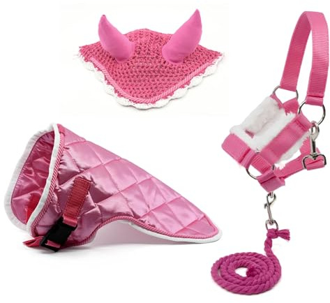 Zubehör-Set Rosa für Hobby Horse und Stichpferd: Halfter mit Führstrick + Decke + Fliegenhaube