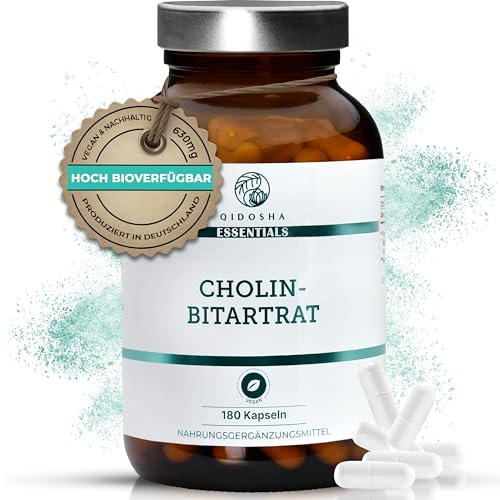 QIDOSHA® Cholin Bitartrat Kapseln hochdosiert, 180 Stk im Apothekerglas, volle 760mg Cholin-Bitartrat je Kapsel, vegan, laborgeprueft, deutsche Fertigung // NEU: höhere Wirkstoffmenge