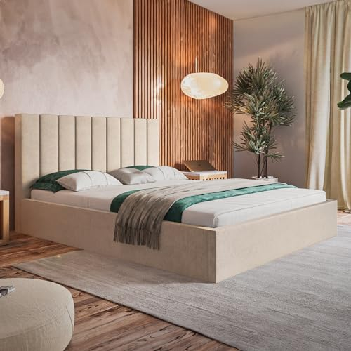 MOTIVENA Wiko Bett 180x200 Beige Samt, mit Stauraum, mit Kopfteil, mit Lattenrost, ohne Füße, ohne Matratze, Polsterbett 180x200 mit Bettkasten Beige