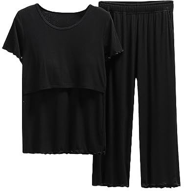 Moderskap Button down sömn skjorta pyjamas ärm nattkläder amning kvinnor skjorta och set T baby moderskap toppar korta byxor moderskap sömn kvinnor moderskap pyjamas set, Svart, XXL