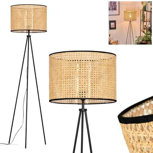 Golvlampa Ramila, golvlampa i trä/Wienerflätat/rotting i naturfärger/svart, armatur i skandinavisk design med rund skärm (Ø 40cm) och fotpedal, höjd 155cm, 1x E27, utan glödlampa