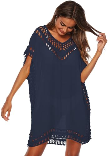 KANDEMY Damen Sommer Bikini Cover Up V-Ausschnitt Strand Poncho Strandkleid mit Cutout Crochet Badeanzug Sommer Kleider für Urlaub