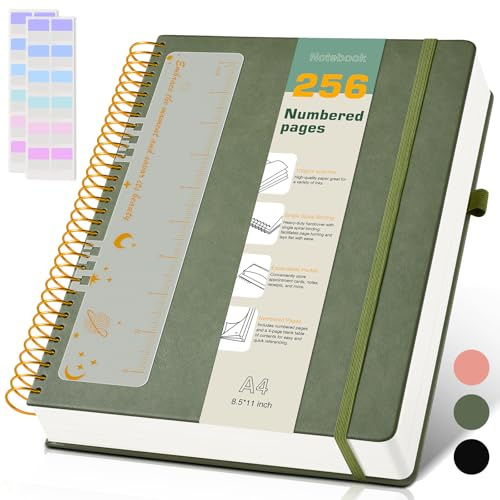 A4 Spiral Notebook Journal 8.5” x 11”, 256 Numbered Pages Hardcover Leather Journals for Women Men, Large Lined College Ruled Notebooks, 100GSM Thick Paper, Spiral Bound Journal for Work School, Green