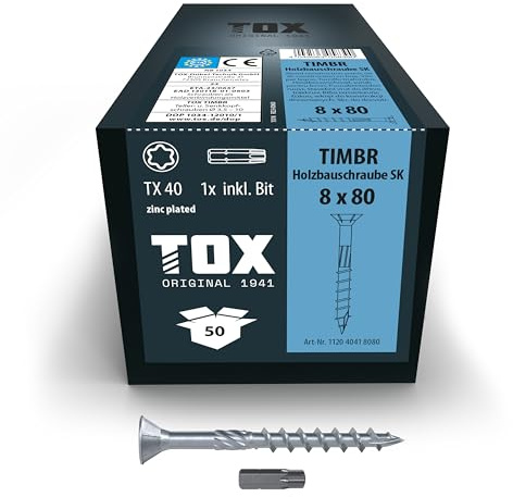 TOX Holzbauschrauben TIMBR SK 8,0 x 80 mm, 50 Stk. | Blau verzinkt, Senkkopf TX40, für Holzbau, leichtes Eindrehen und bündige Montage, inkl. Bit, 112040418080