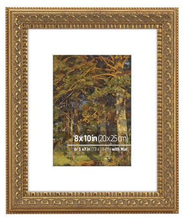 Eitida 8x10 in Antique Gold Ornate Classic Picture Frame, Matted for 5x7 Photos, Real Glass Protection, Tabletop or Wall Mounting Display