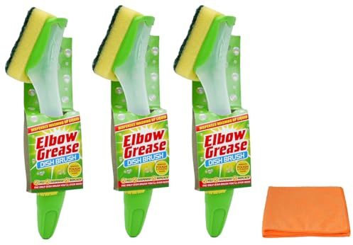 3X Elbow Grease Fillable Washing Up Brush with Refill Sponge- Ergonomic Design Handle - with Ultra Absorbent Microfibre Cleaning Cloth