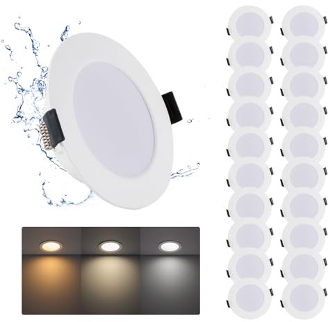 Grebeam 20 Pack LED Recessed Downlights, 5W, IP44 Bathroom & Kitchen Ceiling Spot Lights, 3CCT Adjustable (3000K/4000K/6000K), Fits 75-90mm Holes