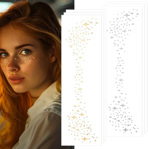 Lilbitty 6 Blätter Sommersprossen Tattoo Aufkleber, Gold und Silber Glitter Gesichtstattoos, Temporäre Stern- und Sommersprossen-Klebetattoos, Wasserdicht, Festival Make-up Accessoires